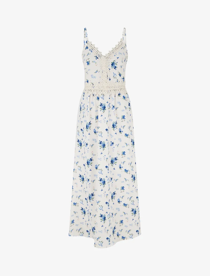 Langes Kleid mit kleinen Blumenmuster und Häkel-Details - Blau
