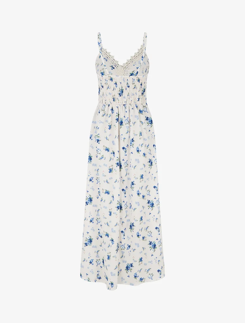 Langes Kleid mit kleinen Blumenmuster und Häkel-Details - Blau