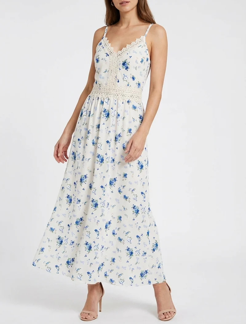 Langes Kleid mit kleinen Blumenmuster und Häkel-Details - Blau