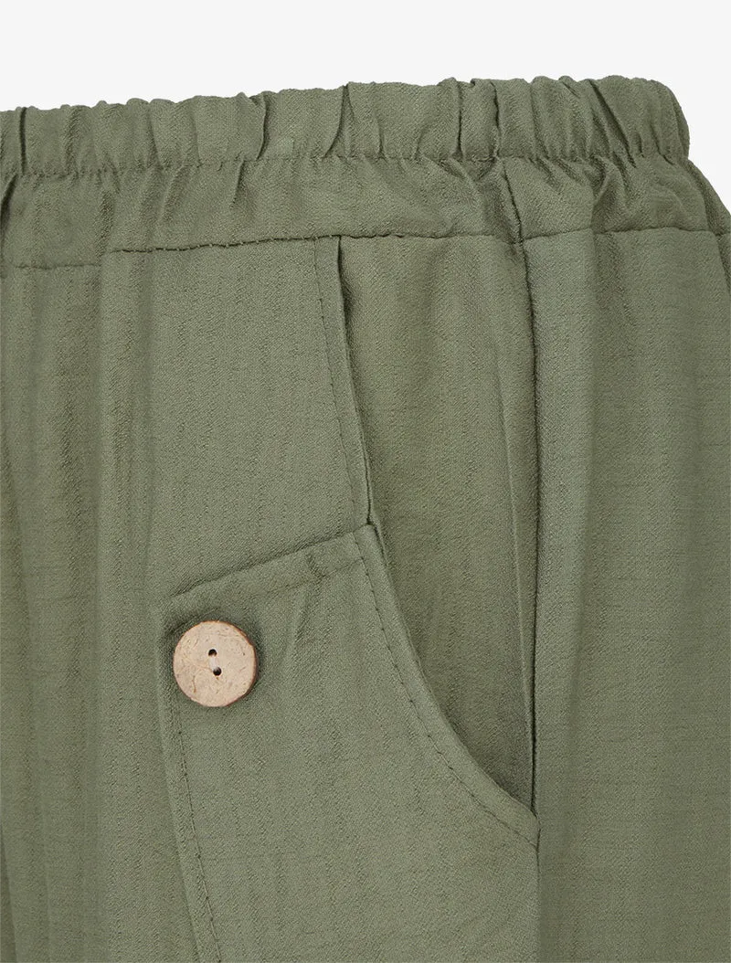 Weite einfarbige Hose mit dekorativen Knöpfen - Kaki