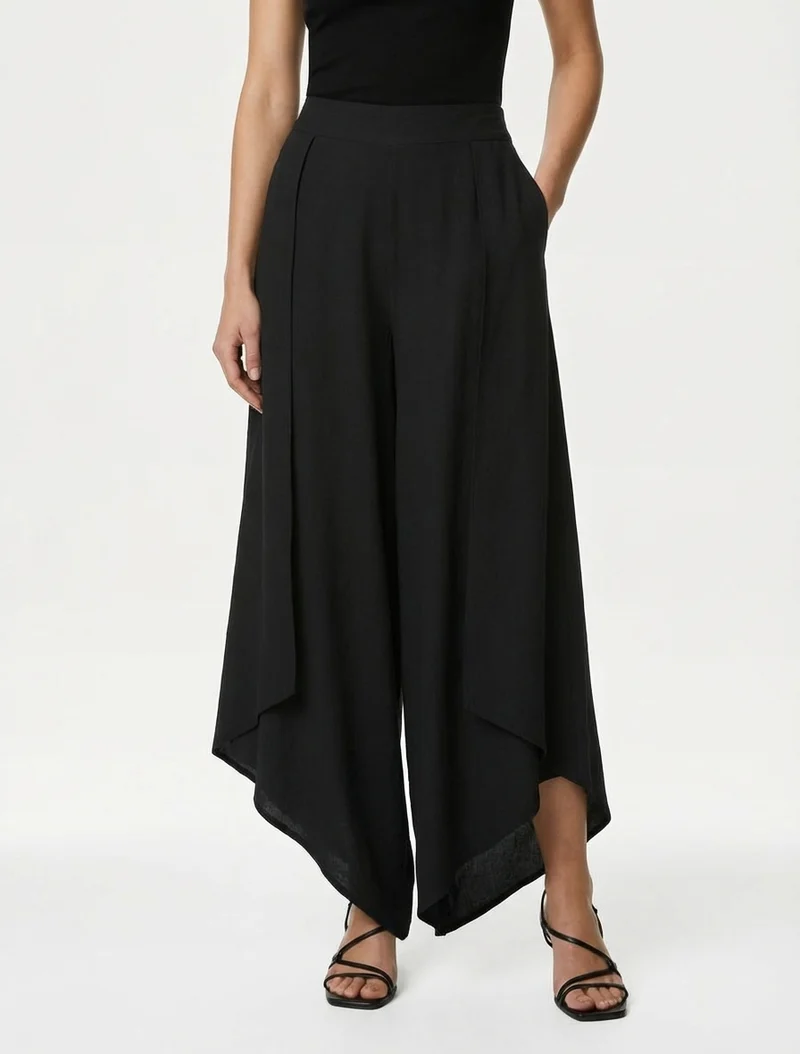Weite Hose mit asymmetrischen Kanten - Schwarz