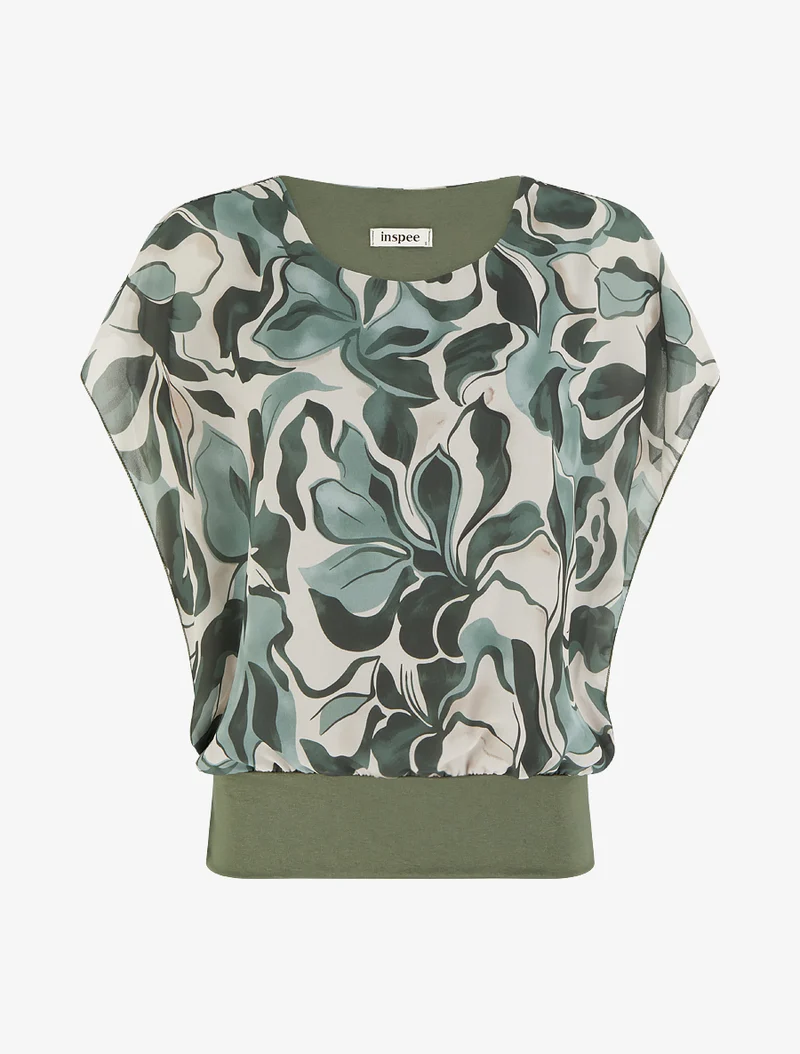 Kurzarm-Top mit Blumenmuster oben rechts. - Kaki