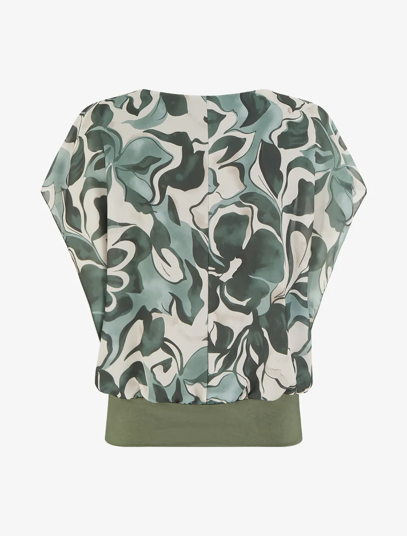 Kurzarm-Top mit Blumenmuster oben rechts. - Kaki