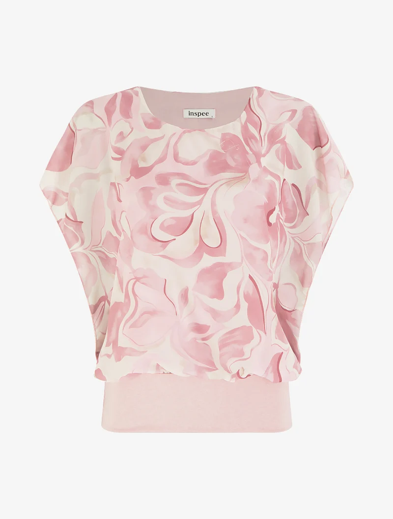 Kurzarm-Top mit Blumenmuster oben rechts. - Rose