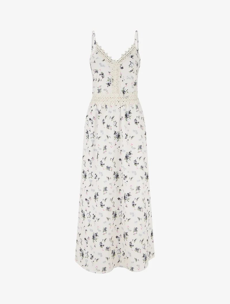 Langes Kleid mit kleinen Blumenmuster und Häkel-Details - Schwarz