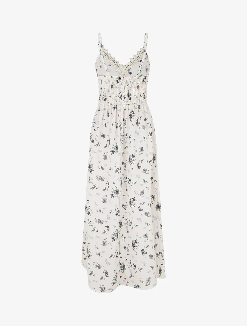 Langes Kleid mit kleinen Blumenmuster und Häkel-Details - Schwarz