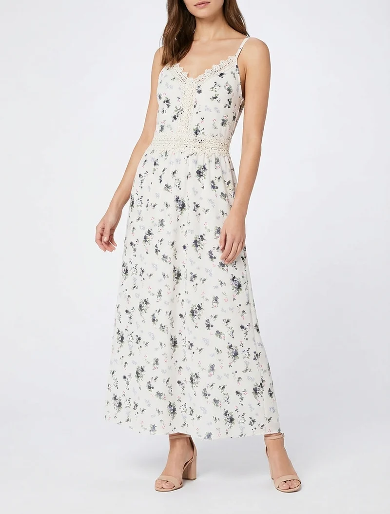 Langes Kleid mit kleinen Blumenmuster und Häkel-Details - Schwarz
