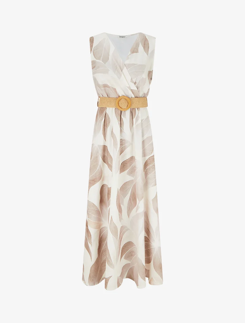 Blätterdruckkleid mit Wickelausschnitt - Beige