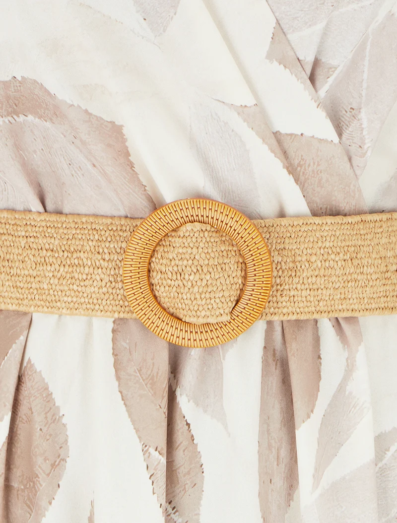Blätterdruckkleid mit Wickelausschnitt - Beige