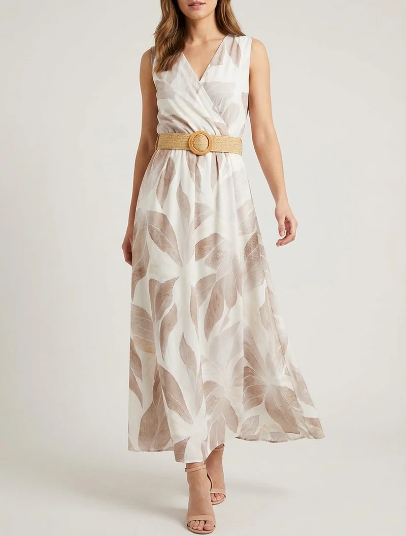 Blätterdruckkleid mit Wickelausschnitt - Beige