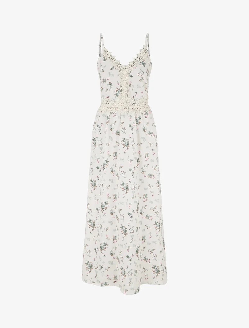 Langes Kleid mit kleinen Blumenmuster und Häkel-Details - Kaki
