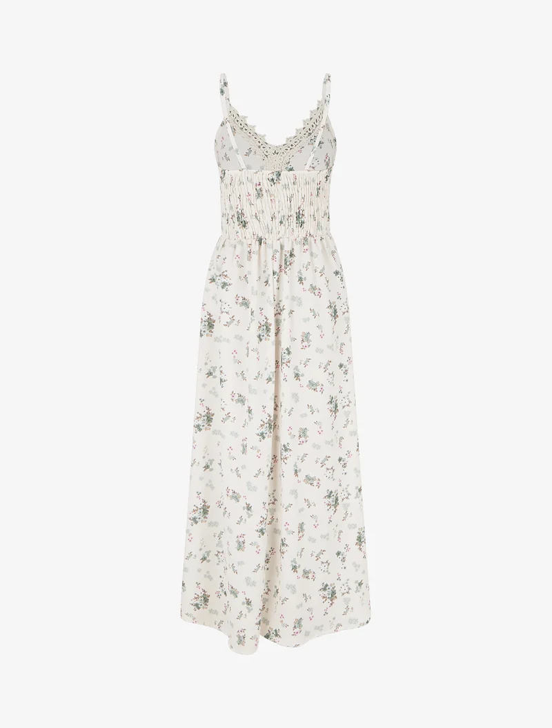 Langes Kleid mit kleinen Blumenmuster und Häkel-Details - Kaki
