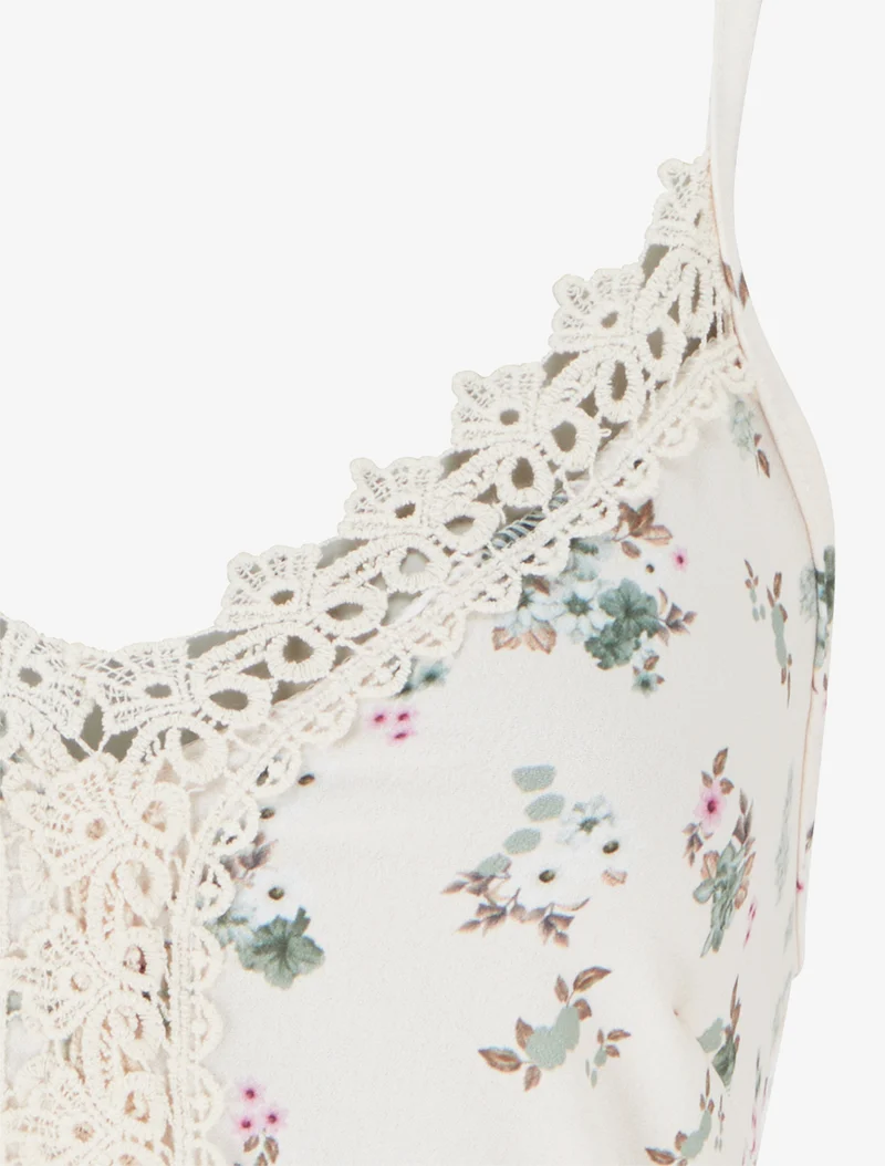 Langes Kleid mit kleinen Blumenmuster und Häkel-Details - Kaki