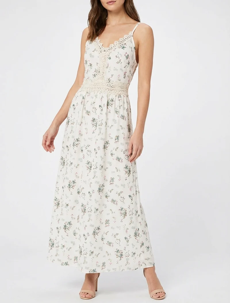 Langes Kleid mit kleinen Blumenmuster und Häkel-Details - Kaki