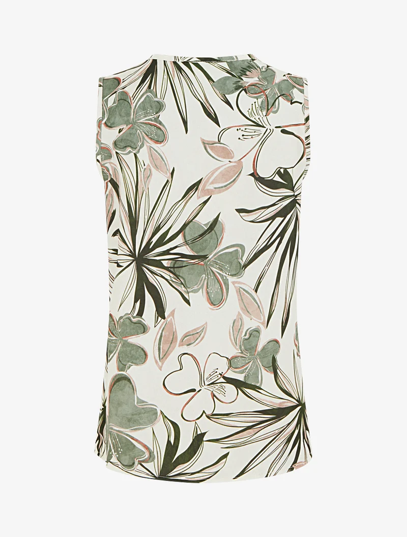 Ärmelloses Top mit Hibiskusdruck, rechteckig geschnitten - Kaki