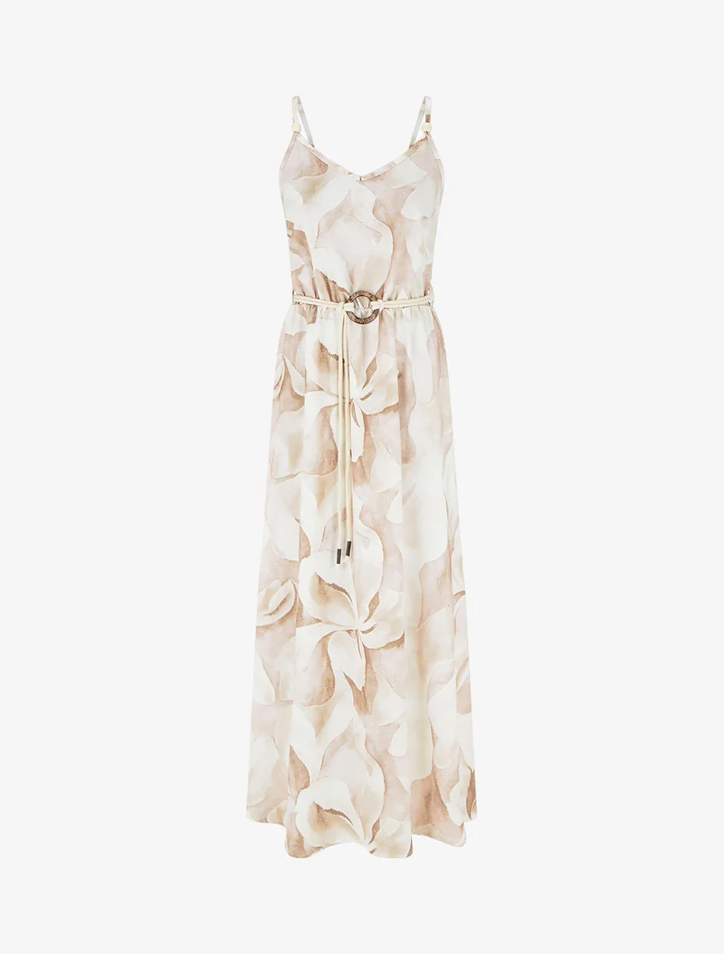 Langes Kleid mit Blumenmuster und elastischer Taille - Beige