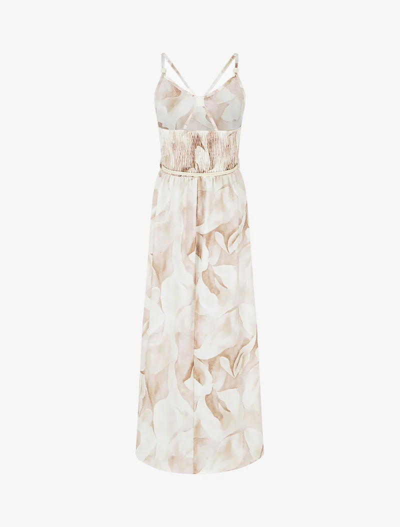 Langes Kleid mit Blumenmuster und elastischer Taille - Beige