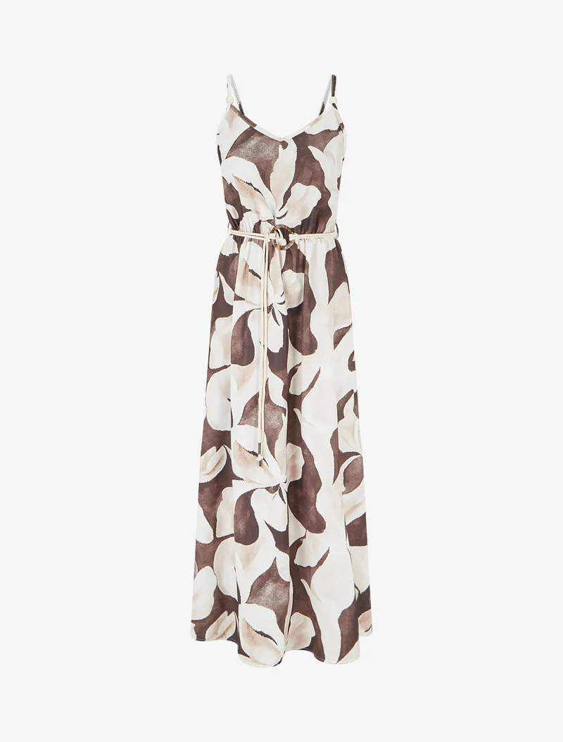 Langes Kleid mit Blumenmuster und elastischer Taille - Braun