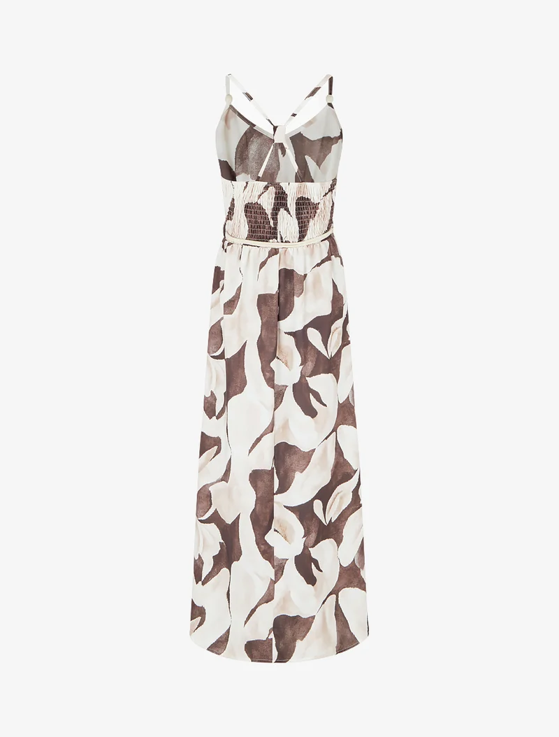 Langes Kleid mit Blumenmuster und elastischer Taille - Braun