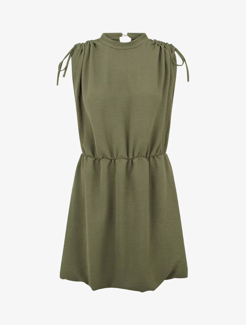 Ärmelloses, ausgestelltes Kleid mit gerafften Schultern - Kaki