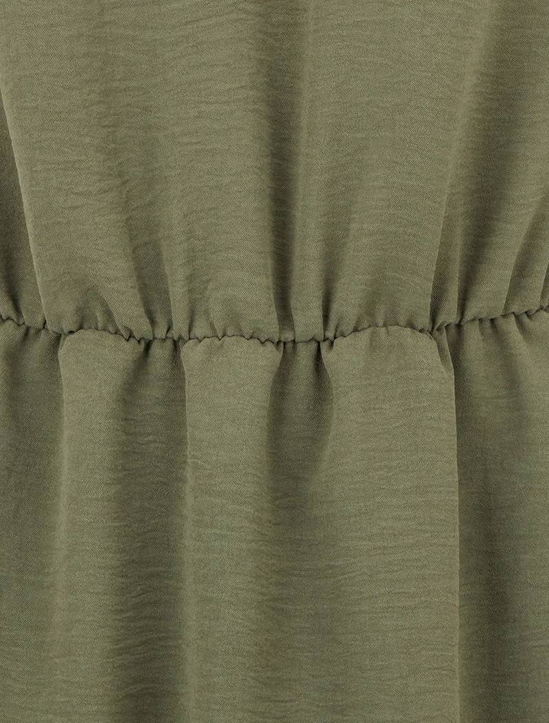 Ärmelloses, ausgestelltes Kleid mit gerafften Schultern - Kaki