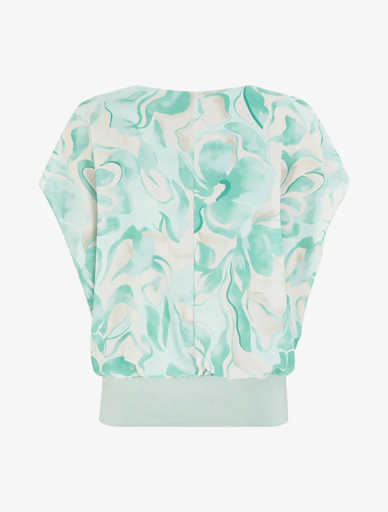 Kurzarm-Top mit Blumenmuster oben rechts. - Wassergrün