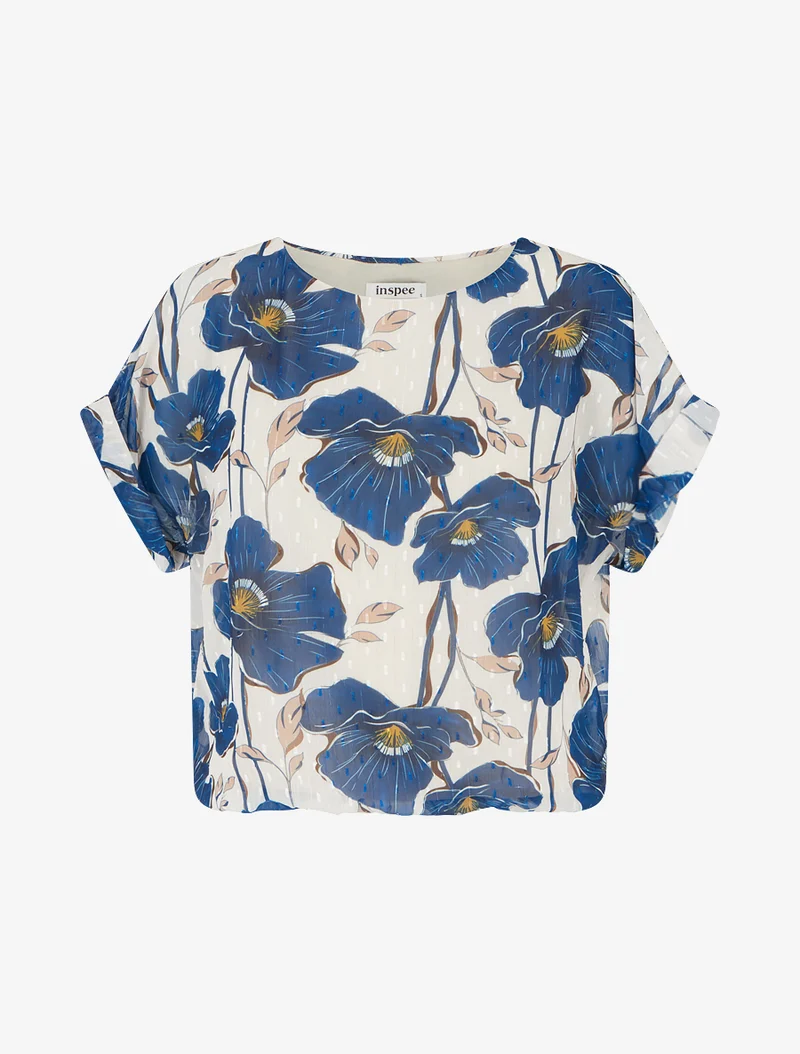 Kurzarm-Top mit Blumenmuster - Marine