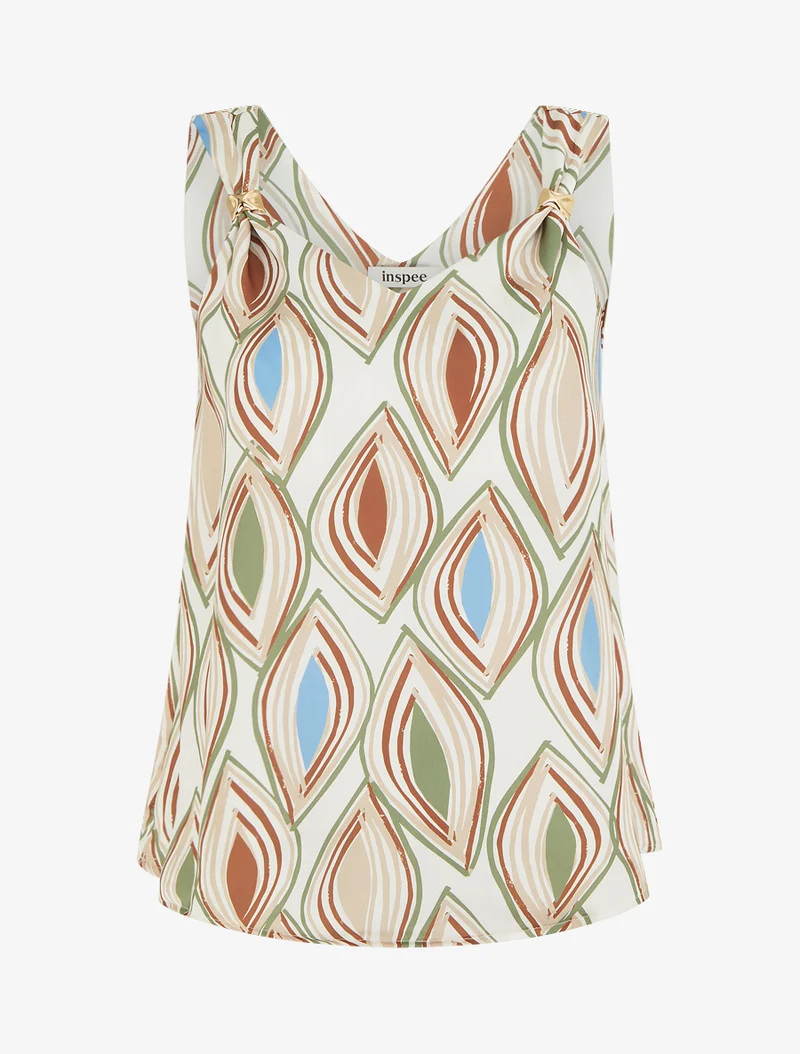 Bedrucktes Satin-Top mit Schmuckdetails. - Kamel