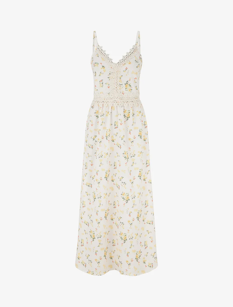 Langes Kleid mit kleinen Blumenmuster und Häkel-Details - Gelb