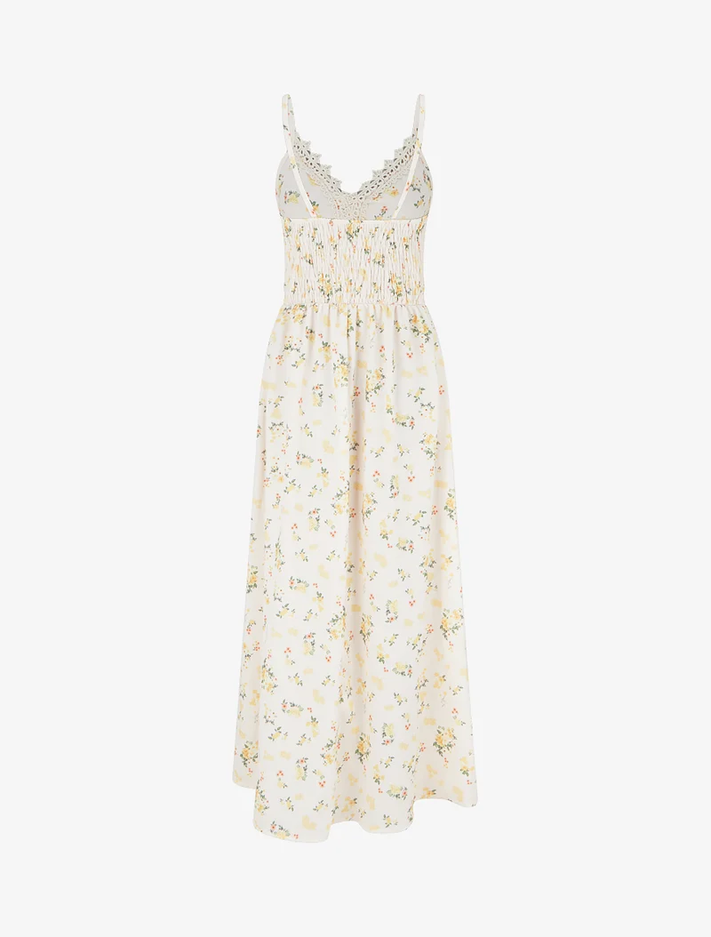 Langes Kleid mit kleinen Blumenmuster und Häkel-Details - Gelb
