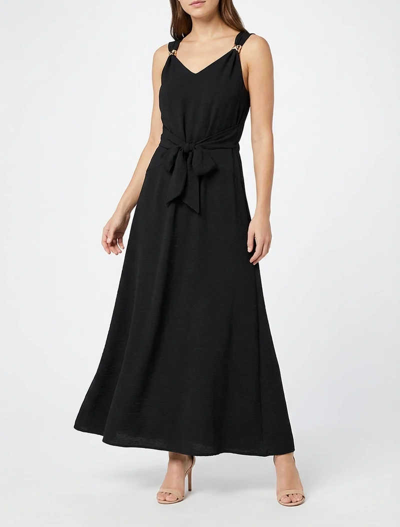 Langes Kleid mit Bindebändern - Schwarz