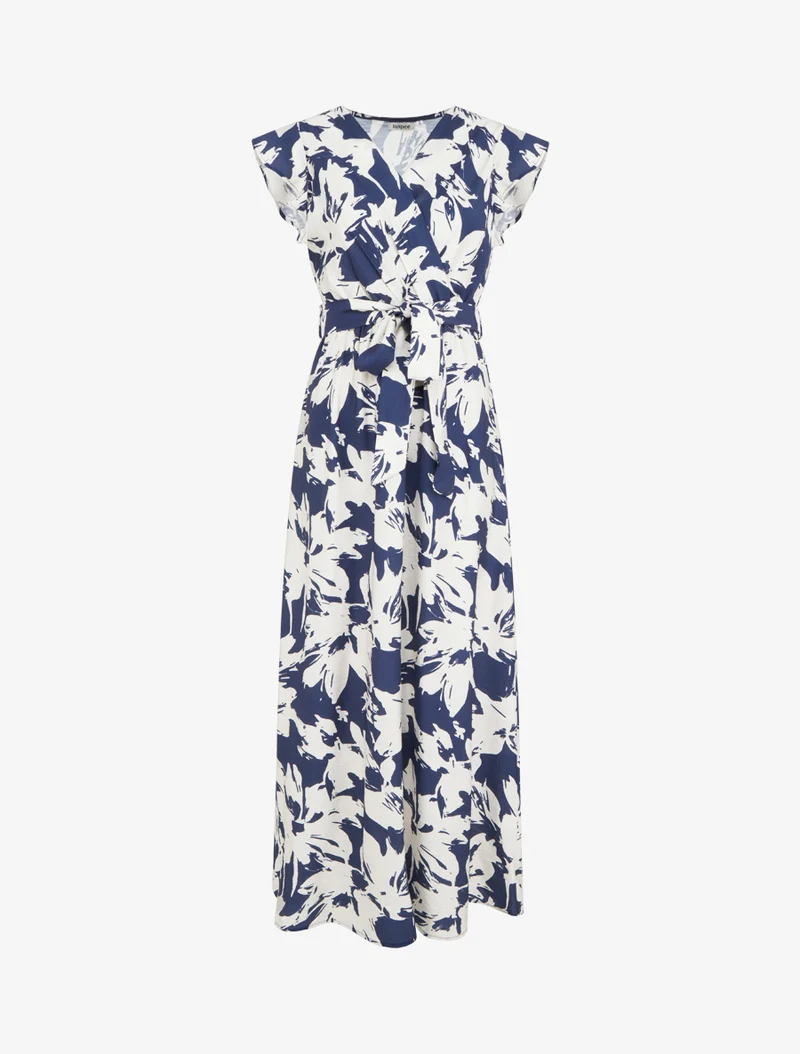 Langes Kleid mit tropischem Blumenmuster und kurzen Ärmeln - Marine