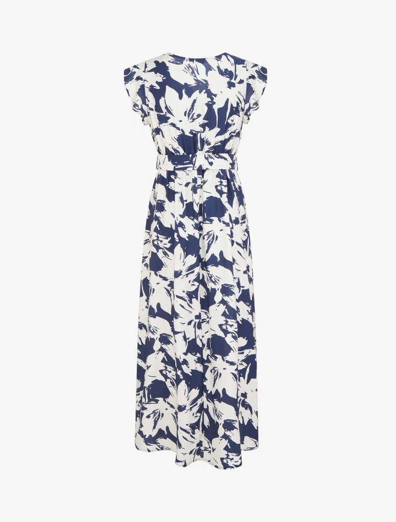 Langes Kleid mit tropischem Blumenmuster und kurzen Ärmeln - Marine