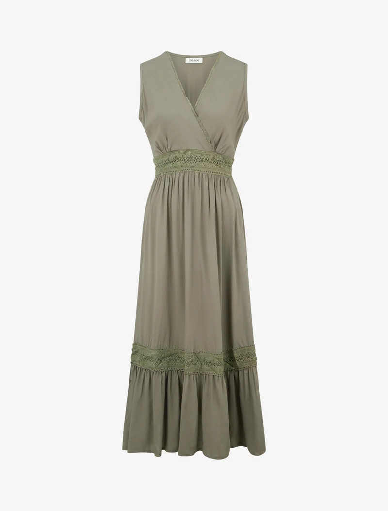 Ärmelloses Kleid mit Stickereien - Kaki