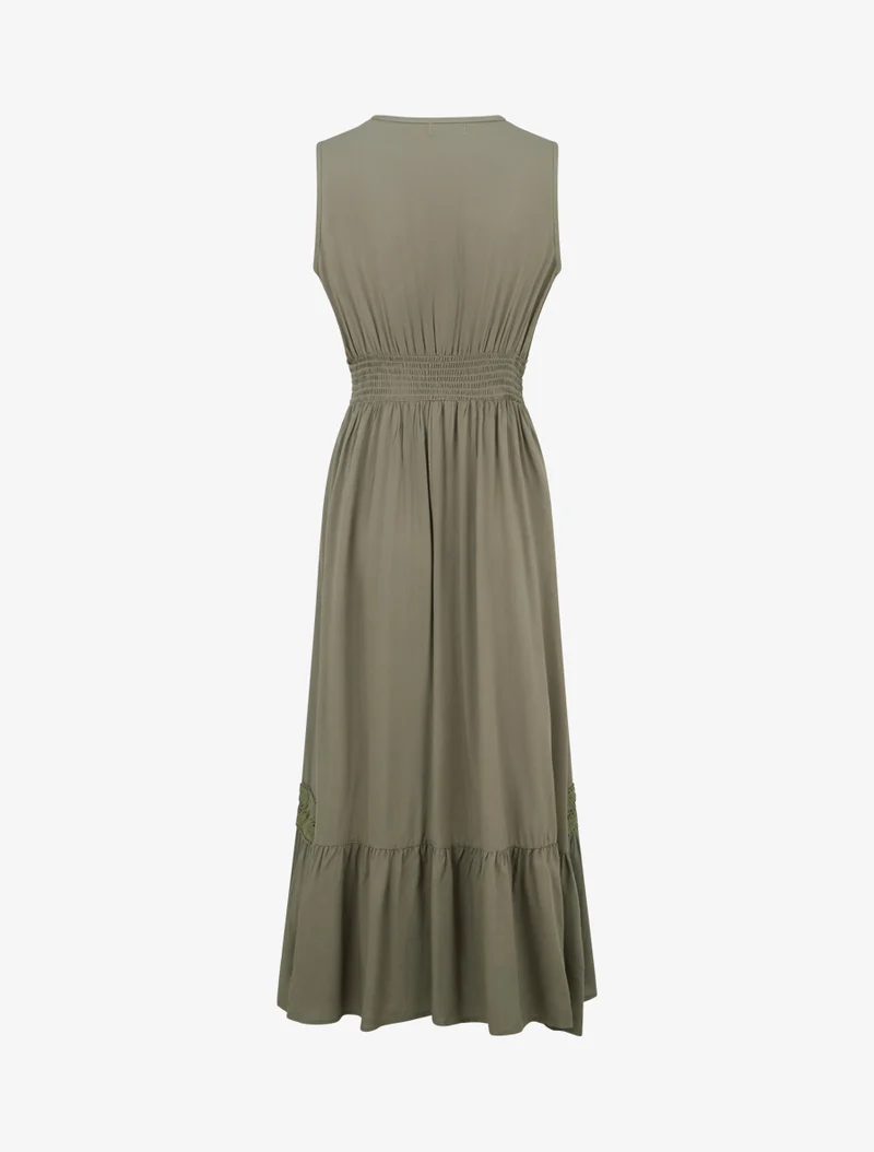Ärmelloses Kleid mit Stickereien - Kaki