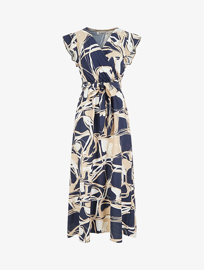 Langes Kleid mit ausgestelltem Schnitt und Fantasiemuster - Marine