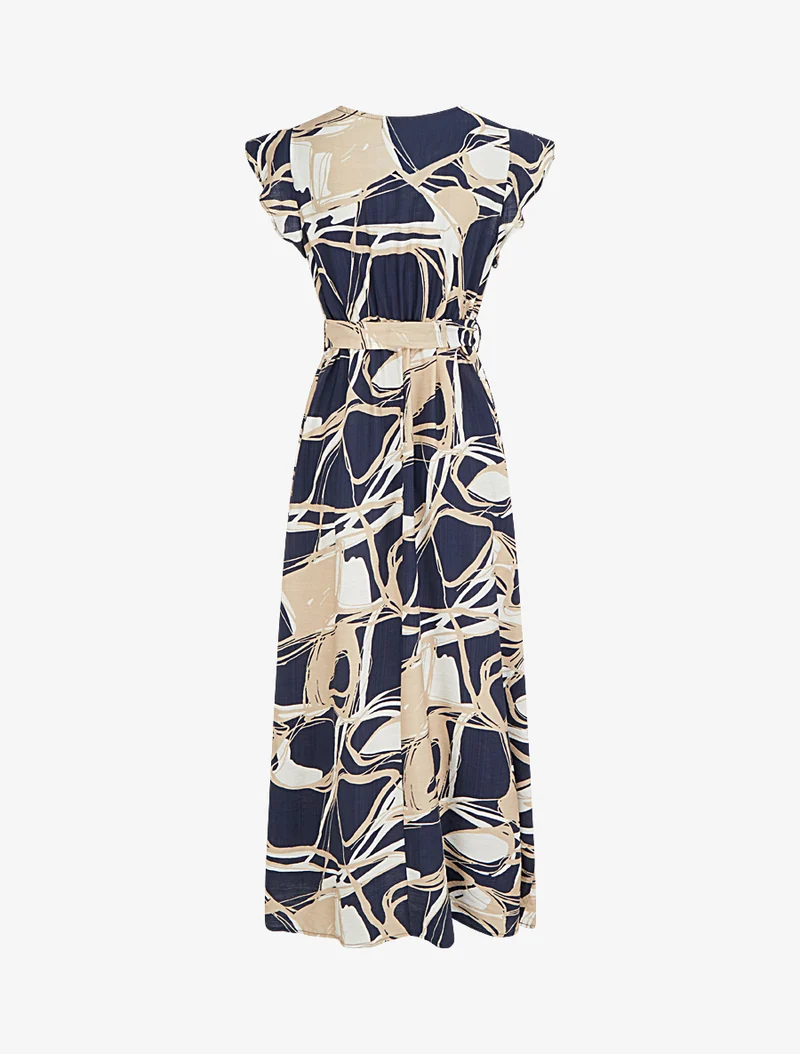 Langes Kleid mit ausgestelltem Schnitt und Fantasiemuster - Marine