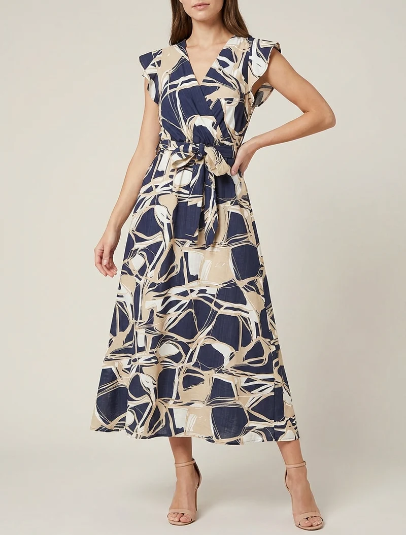 Langes Kleid mit ausgestelltem Schnitt und Fantasiemuster - Marine