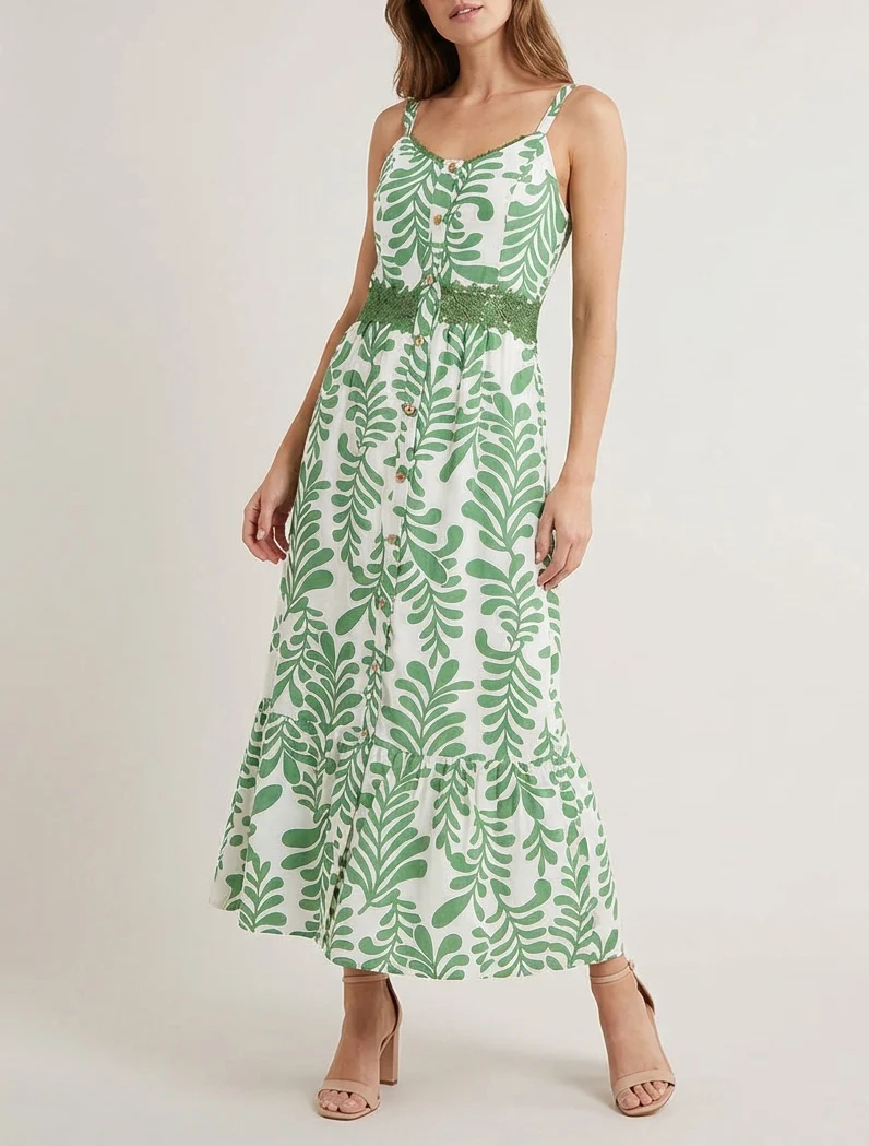 Ausgestelltes Kleid mit Fantasiemuster - Grün