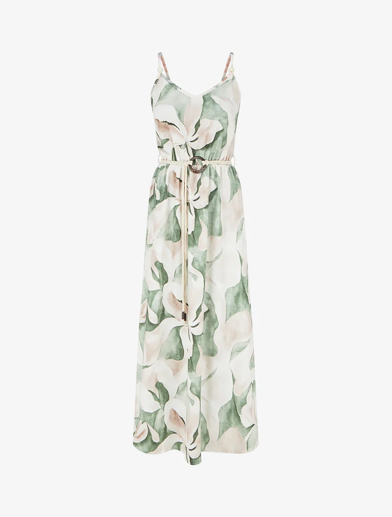 Langes Kleid mit Blumenmuster und elastischer Taille - Grün