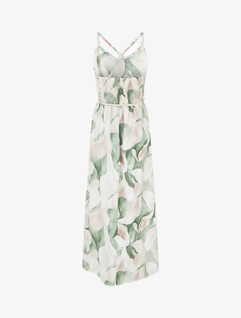 Langes Kleid mit Blumenmuster und elastischer Taille - Grün