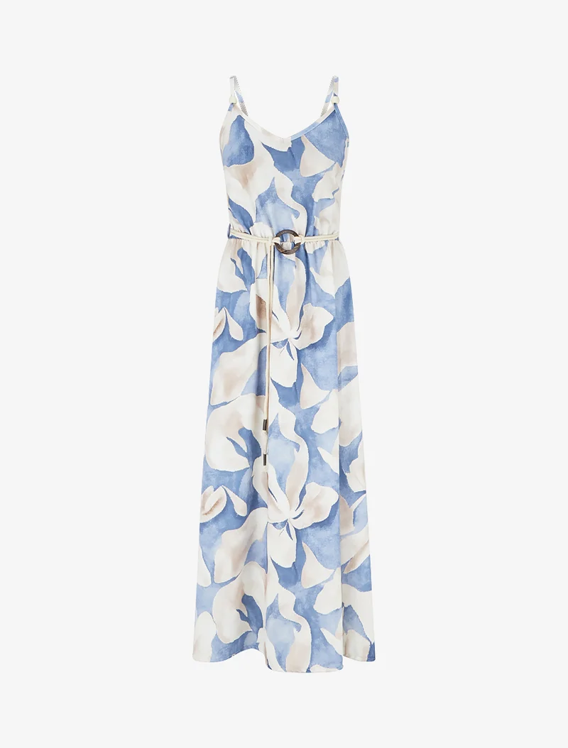Langes Kleid mit Blumenmuster und elastischer Taille - Blau