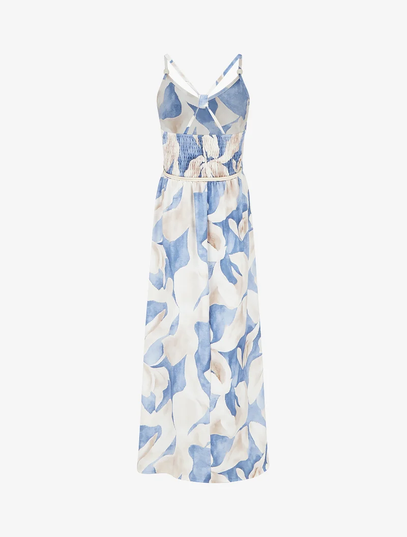 Langes Kleid mit Blumenmuster und elastischer Taille - Blau