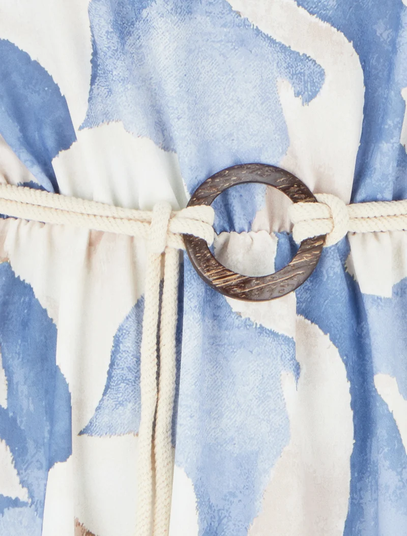 Langes Kleid mit Blumenmuster und elastischer Taille - Blau