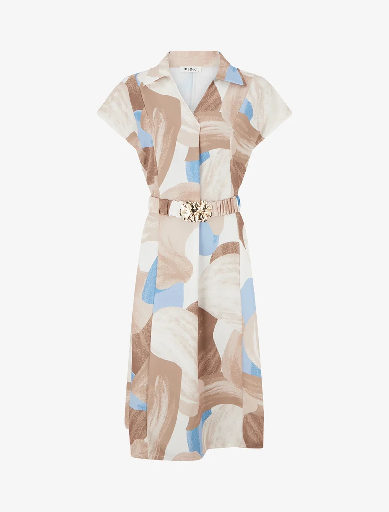 Gerades Kleid mit Gürtel - Beige