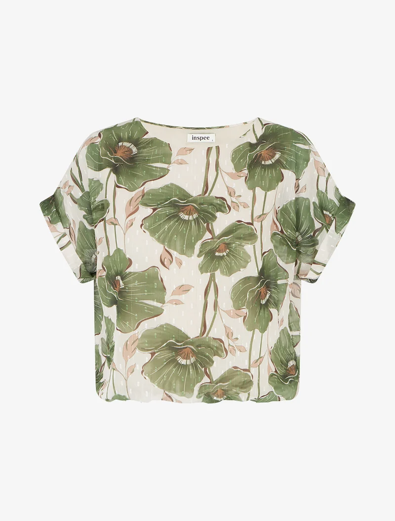 Kurzarm-Top mit Blumenmuster - Kaki