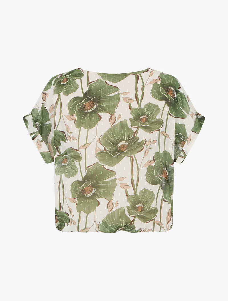 Kurzarm-Top mit Blumenmuster - Kaki
