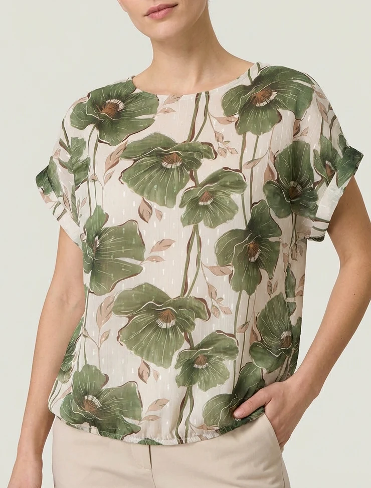Kurzarm-Top mit Blumenmuster - Kaki