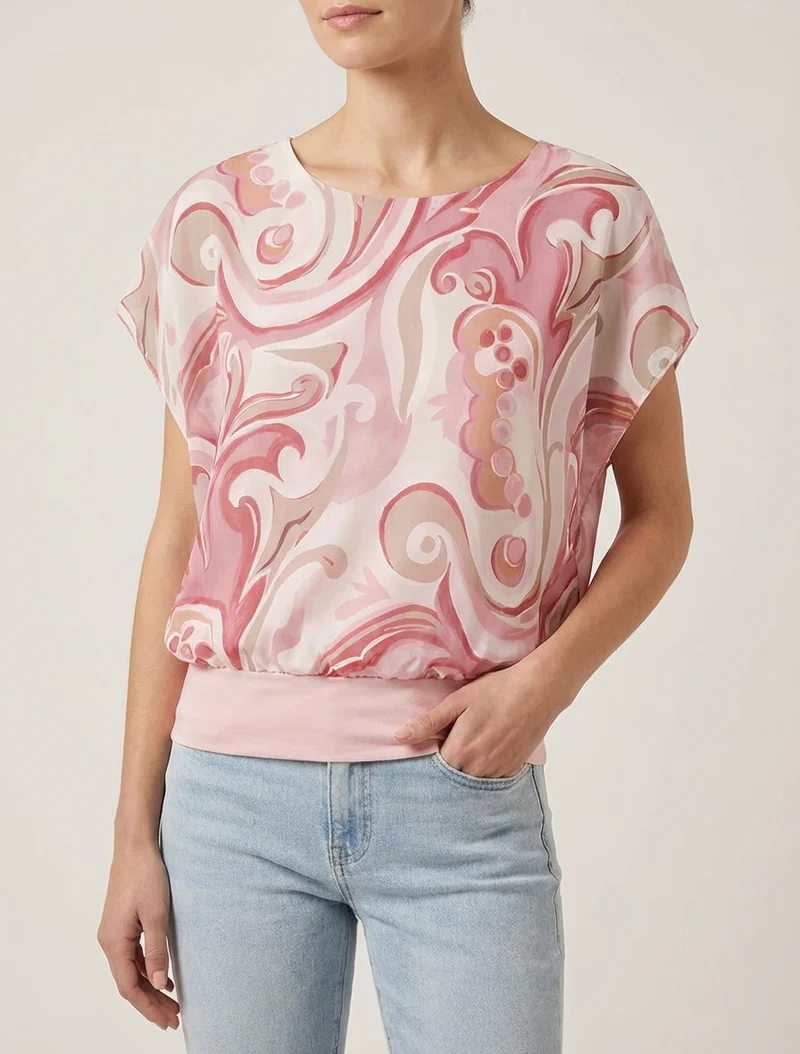 Kurzarm-Top mit Arabeskenmuster - Rose
