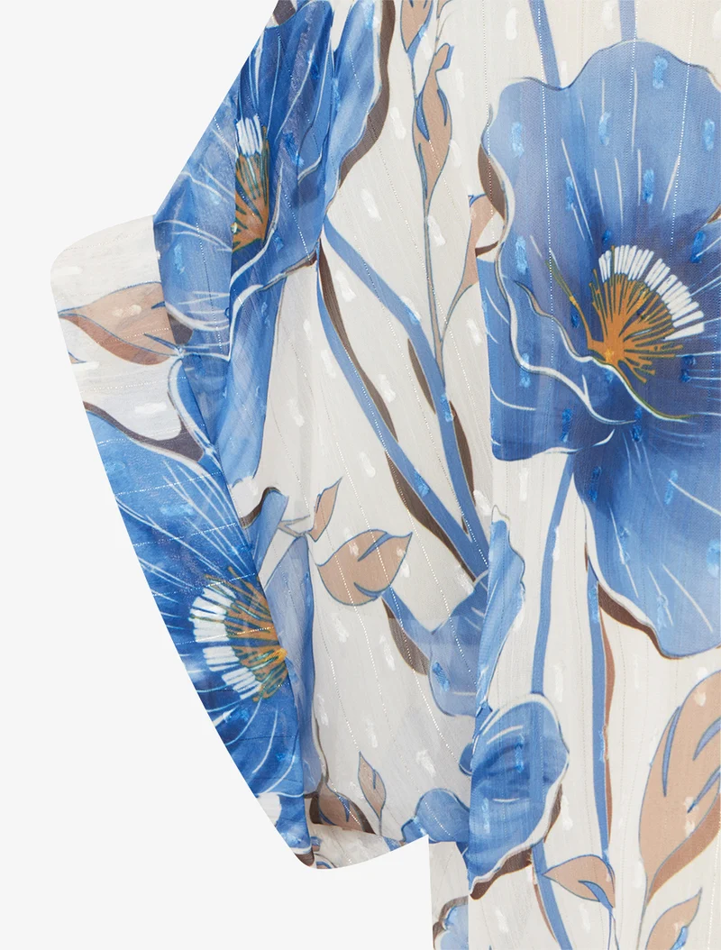 Kurzarm-Top mit Blumenmuster - Blaues Wagenrad